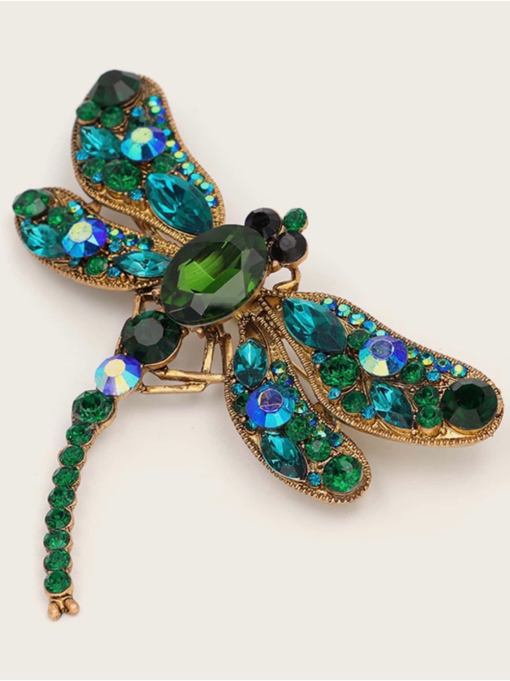 Gold-Tone Green Crystal Dragonfly Brooch